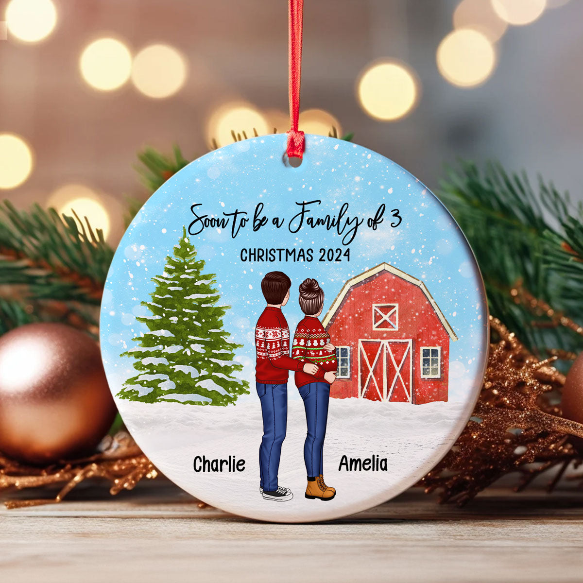 Family Pregnancy Christmas Ornament, Expecting Pregnancy announcement, Red Barn, Personalized Circle Ceramic Ornament