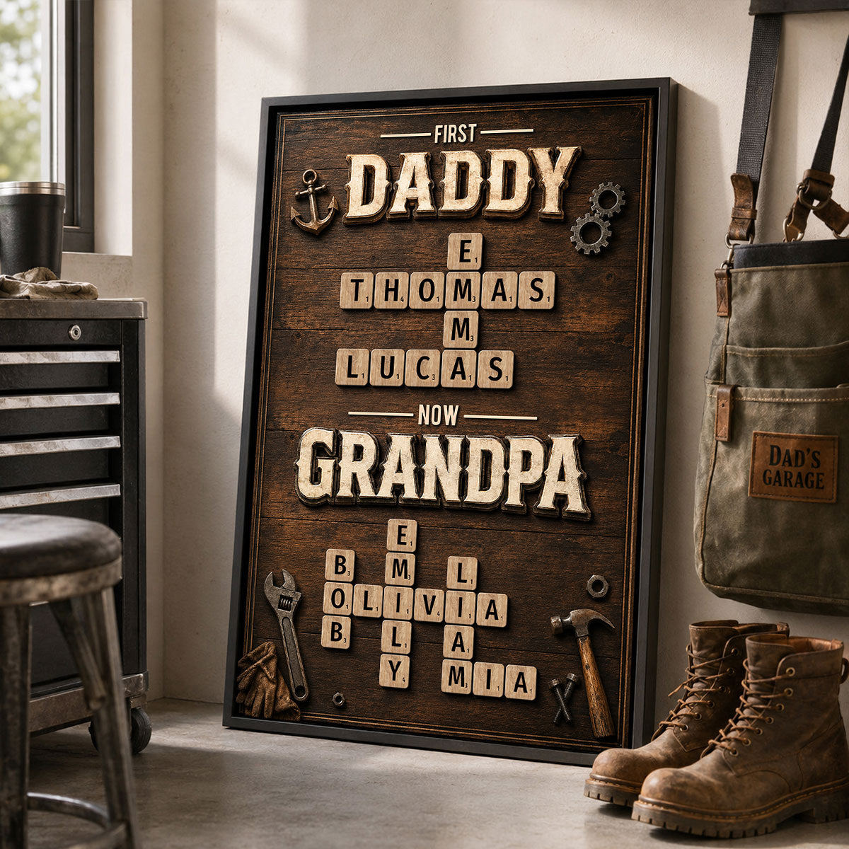 First Dad Now Grandpa Crossword Puzzle Art - Personalized Poster - Father's Day Gift for Dad, Grandpa