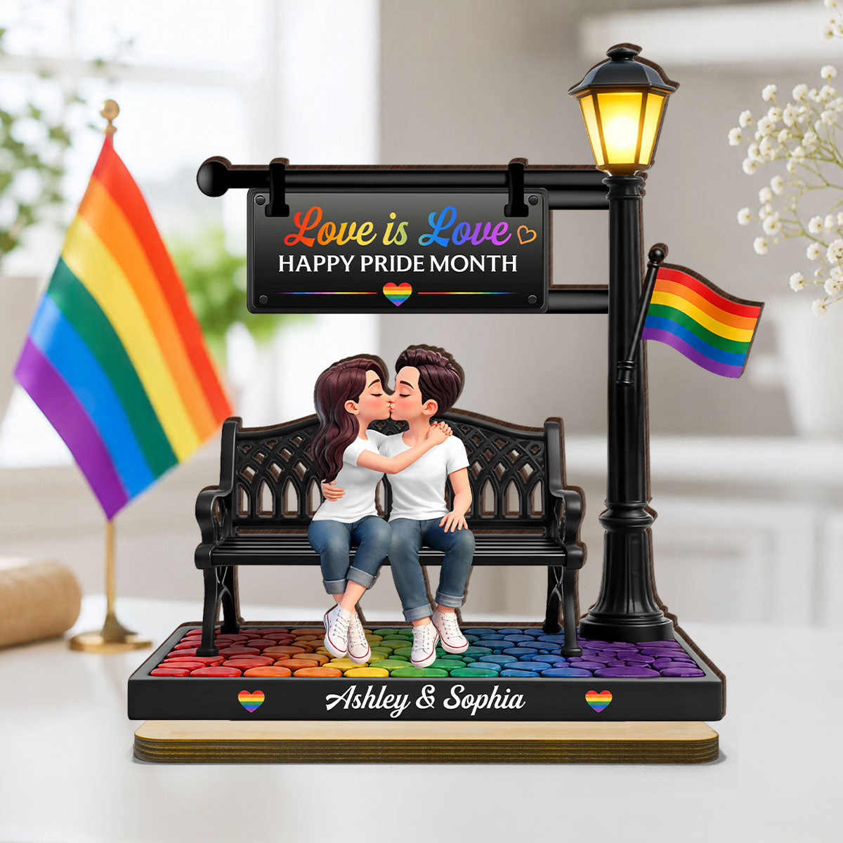 LGBT+ Couple Sitting On Bench Under Lamp Post - Personalized 2-Layered Wooden Plaque - Gift For Couple, Happy Pride Month