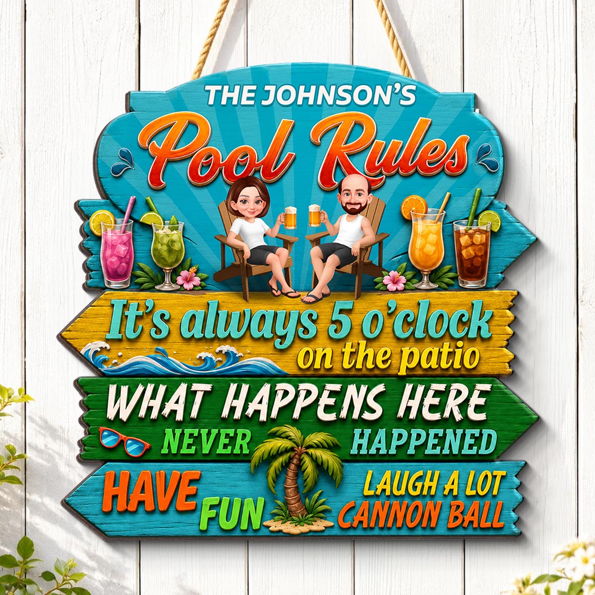 Family Pool Rules Sign Tropical - Personalized Wood Sign - Gift For Grandpa, Grandma, Summer Decorations
