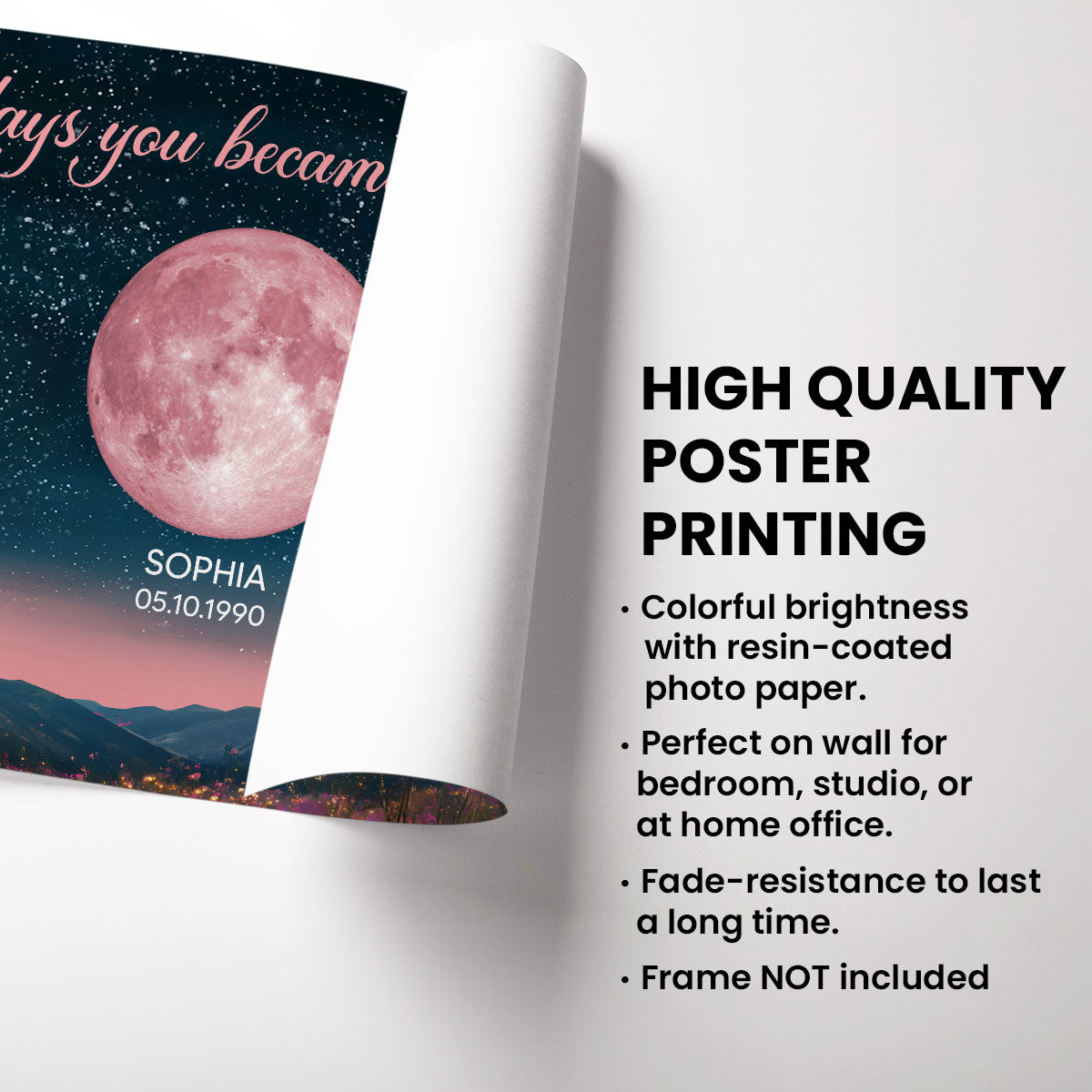 Pink Custom Moon Phase Birth Moon Beautiful Hill At Night - Personalised Poster