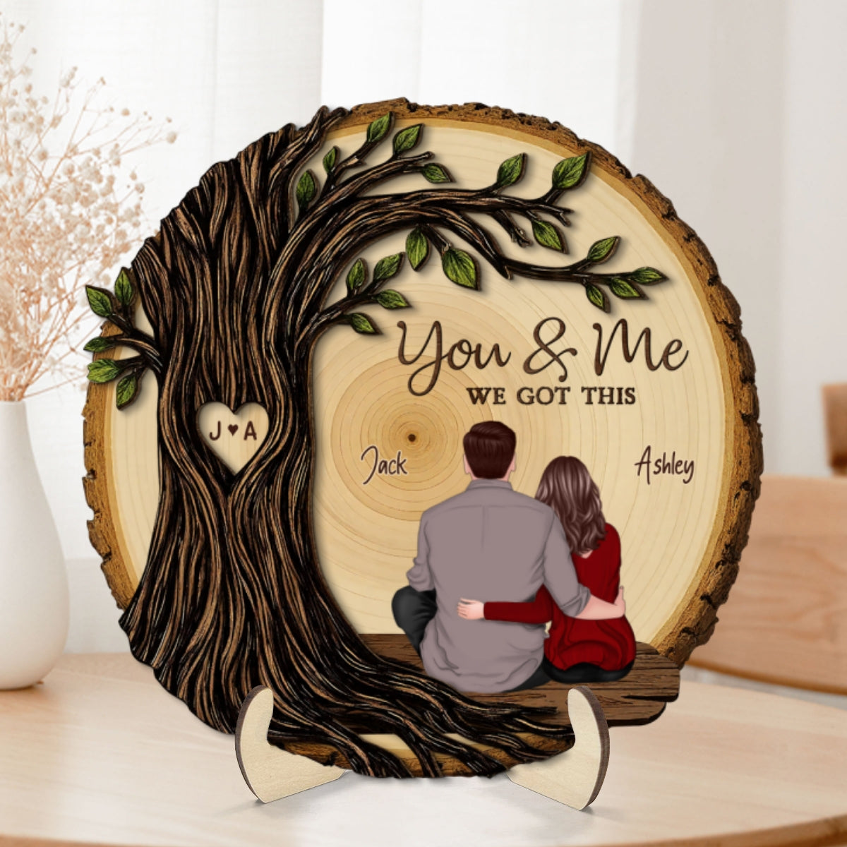 Couple Sitting Back View Under Heart Carved Tree - Personalized 2-Layered Wooden Plaque - Valentine's Day Gift For Couple