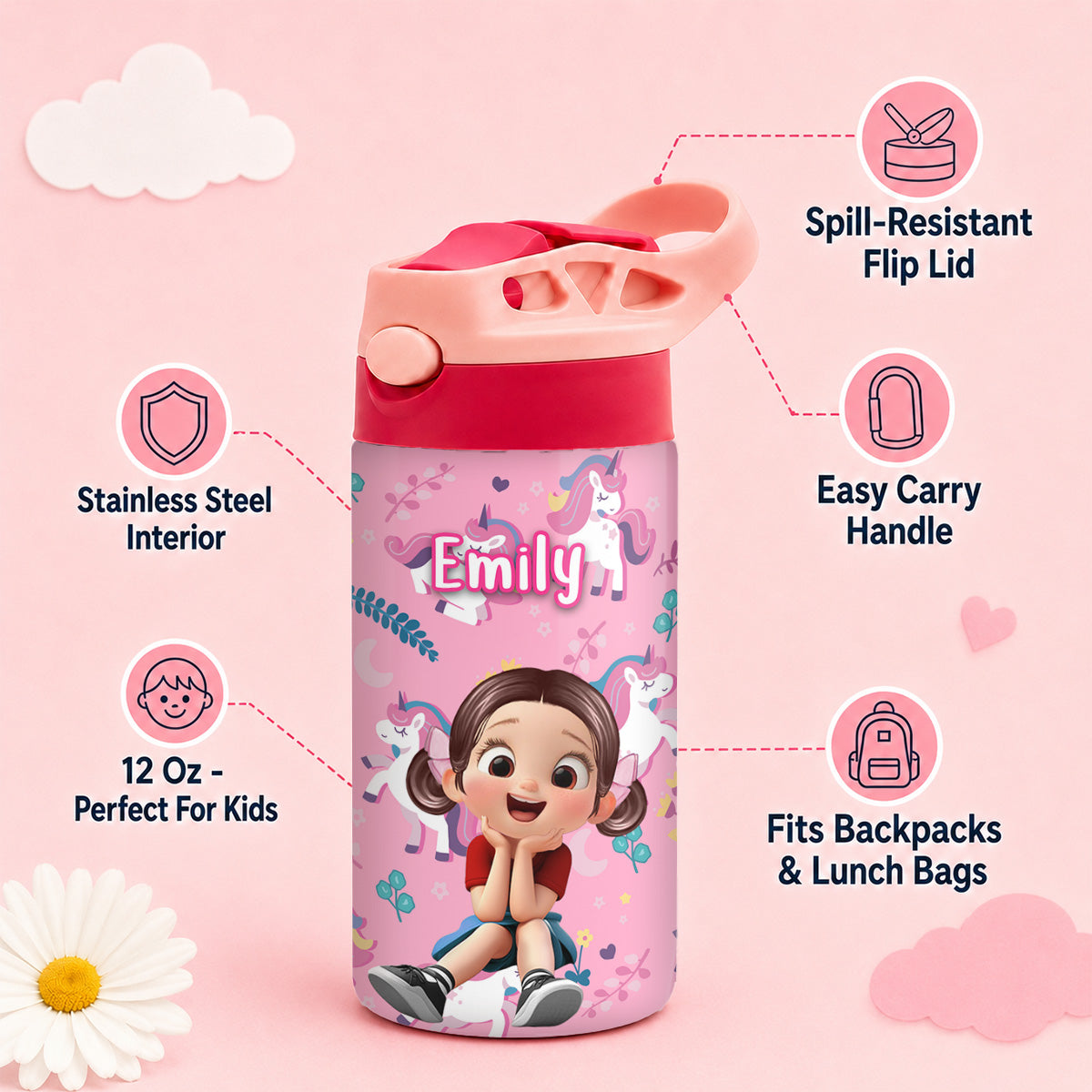 Multiple Kid Favorite Pattern - Personalized Kid Insulated Water Bottle - Stainless Steel Toddler Cups with Straws, BPA Free, Leak-Proof