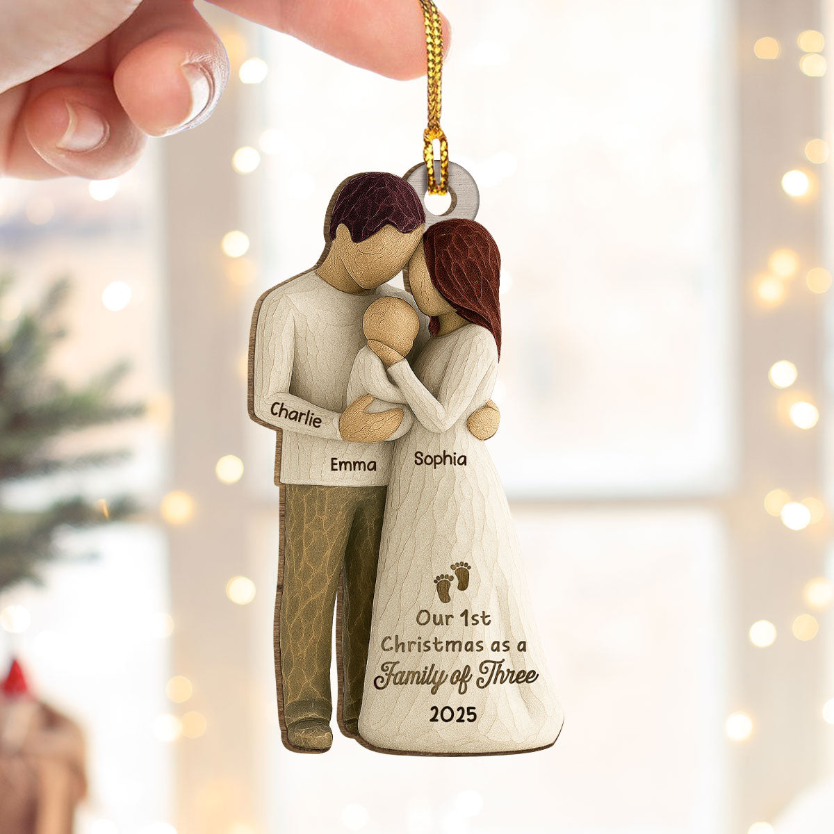 3D Effect First Christmas As Family Of Three Mom Dad & Baby - Personalized Car Hanger