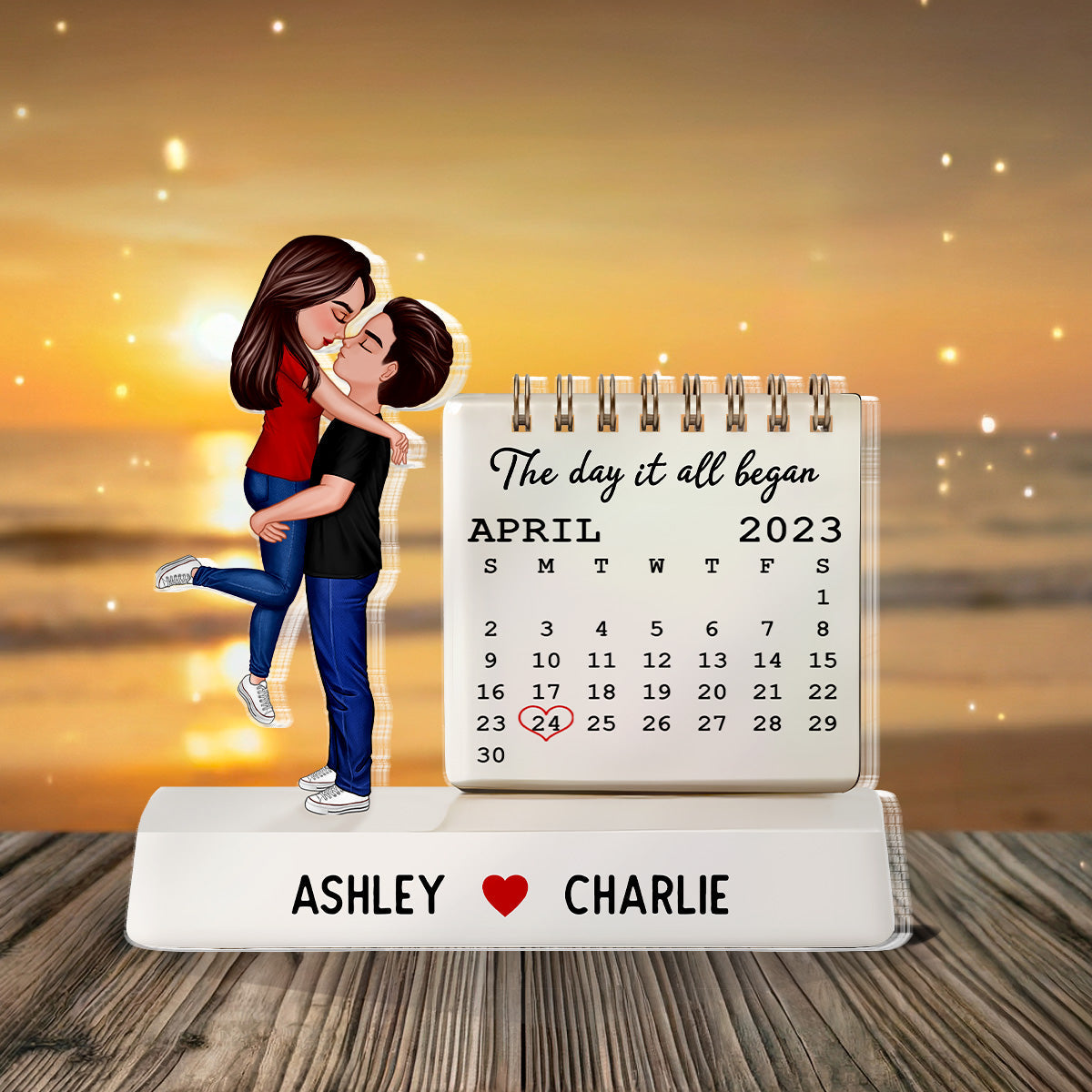 Couple Hugging Kissing The Day Our Story Began Couple Anniversary Calendar 2D Flat - Personalized Acrylic Block Plaque