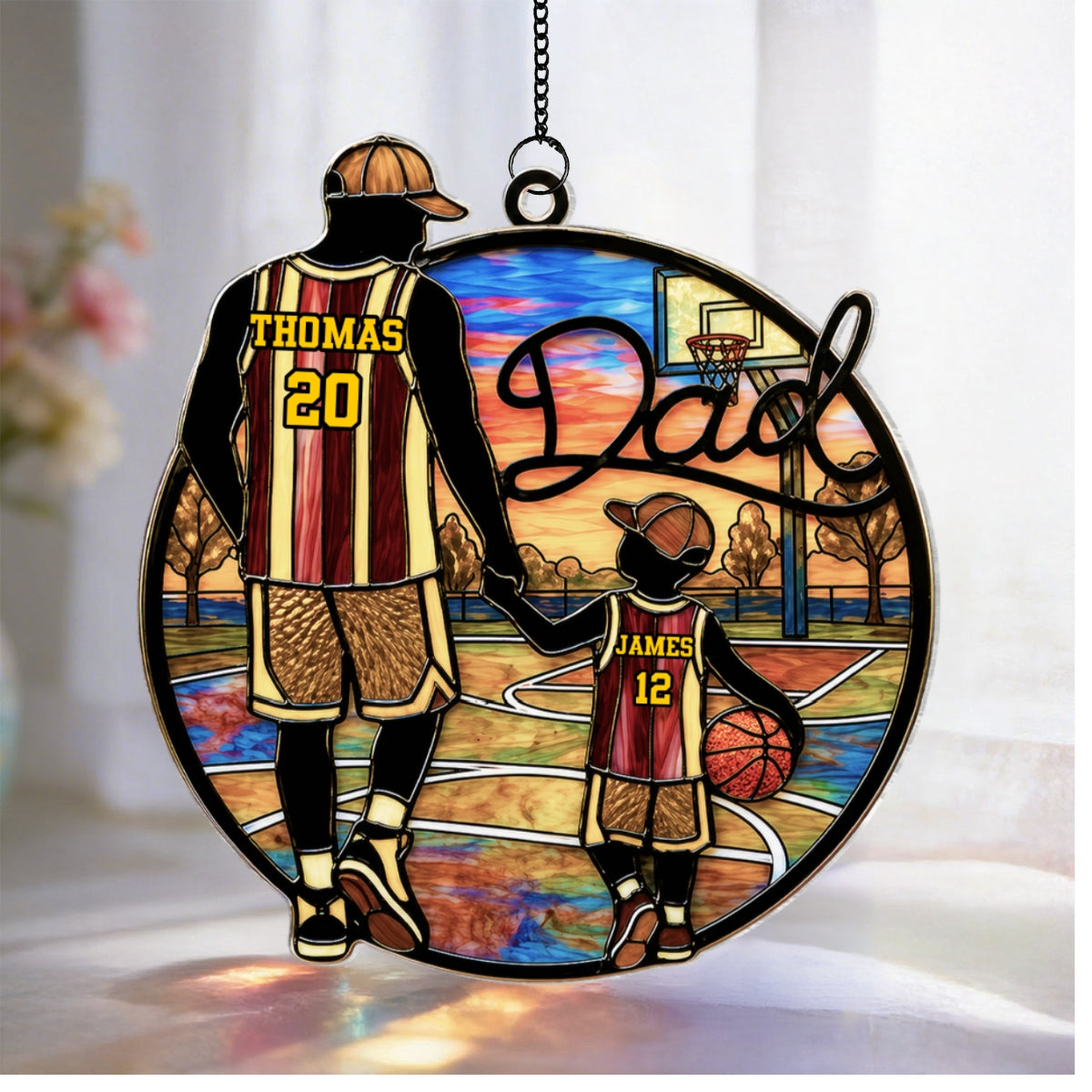 Basketball Dad & Kids 2D Flat - Personalized Suncatcher Ornament - Father's Day Gift For Basketball Dad