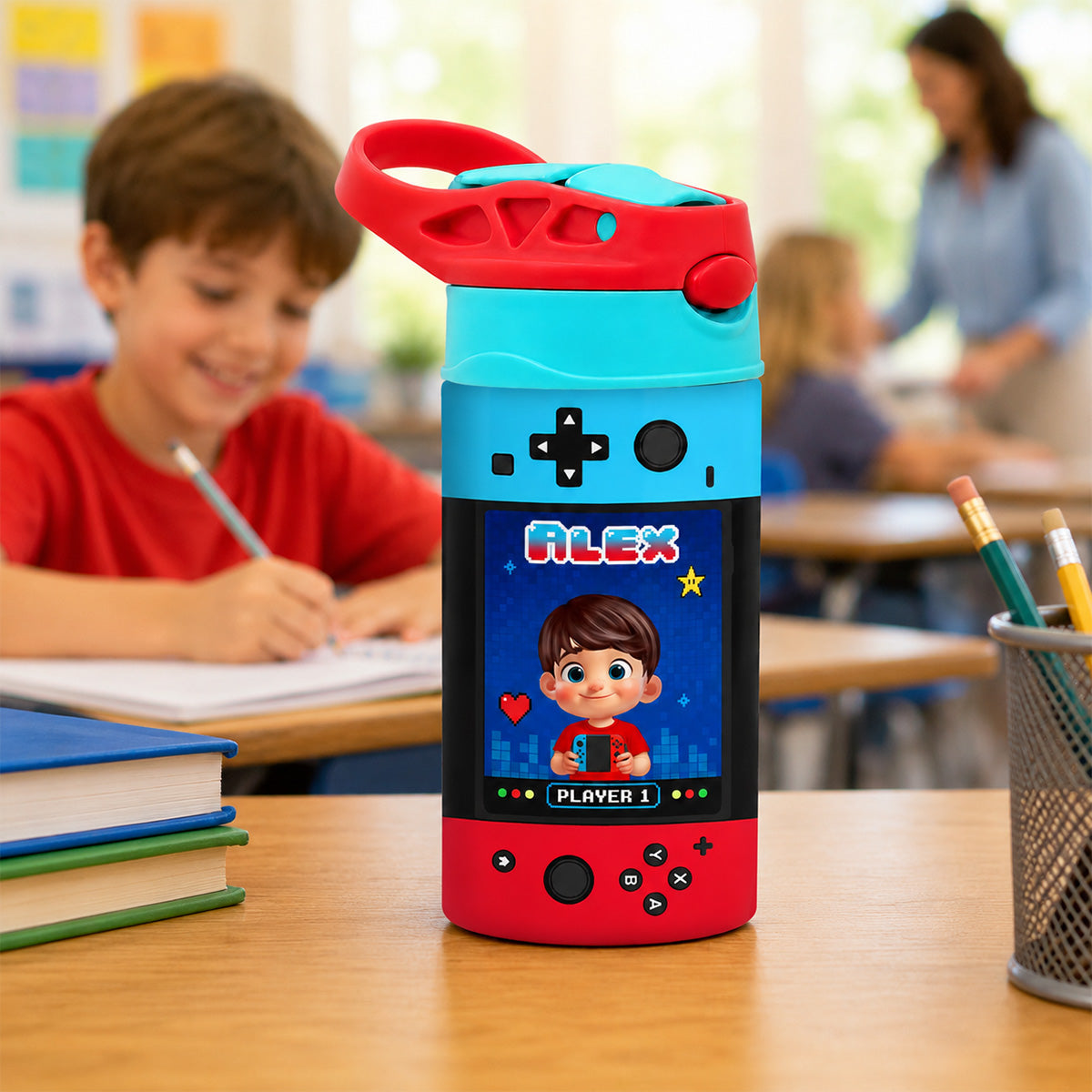 Gaming Controller Theme Cute Gamer Kid - Personalized Kid Insulated Water Bottle - Stainless Steel Toddler Cups with Straws, BPA Free, Leak-Proof