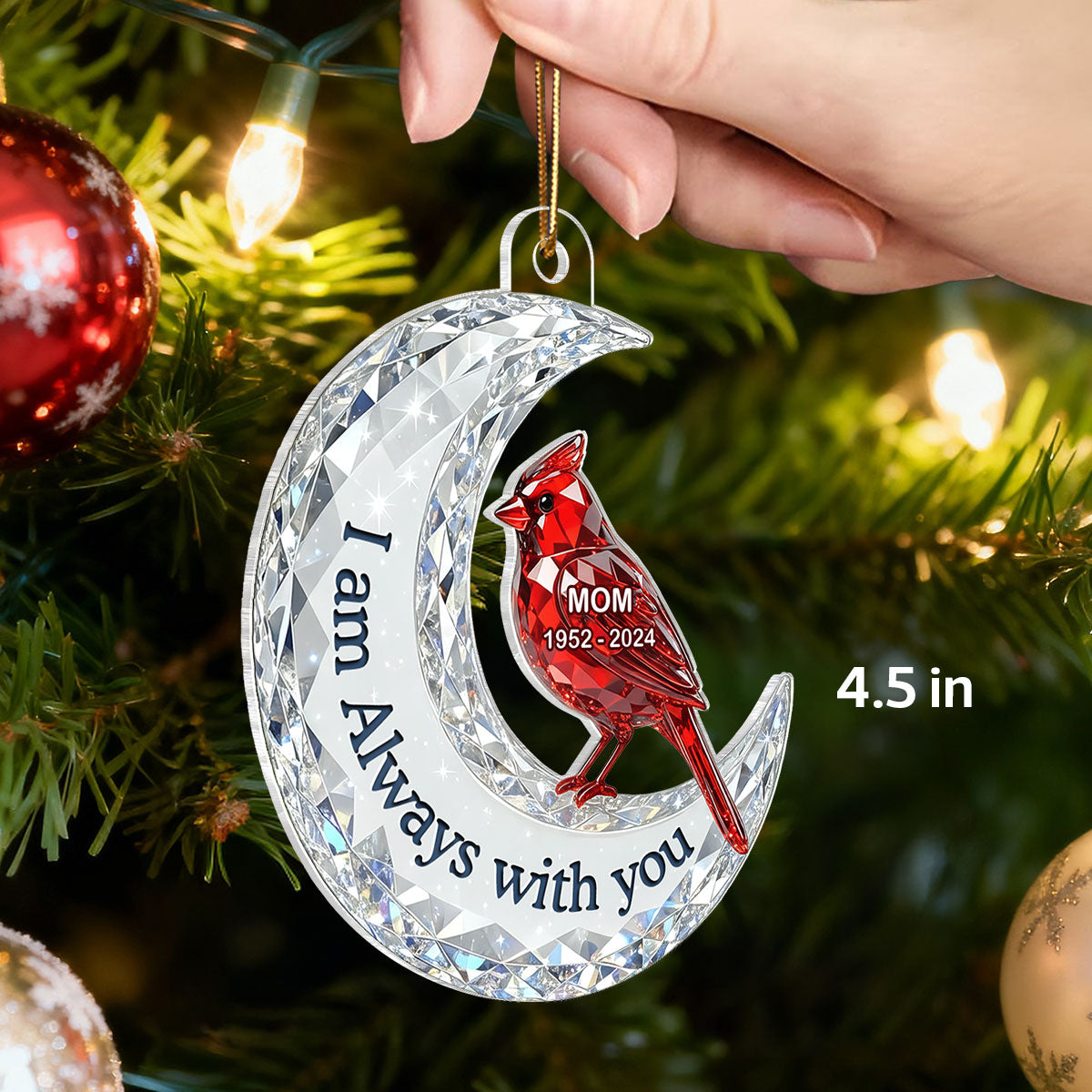 3D Effect Flat Christmas Cardinal On Moon Memorial - Personalized Acrylic Ornament - Remembrance Gift, Sympathy Gift