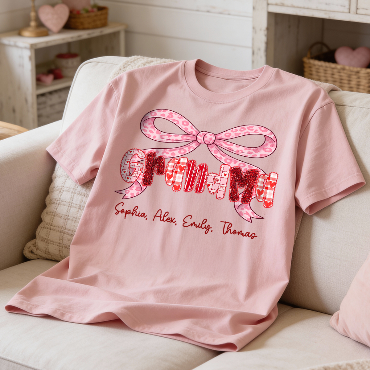 Preppy Valentine Pattern Grandma Mom Nana With Kids Name - Personalized Shirt - Valentine's Day Gift For Grandma