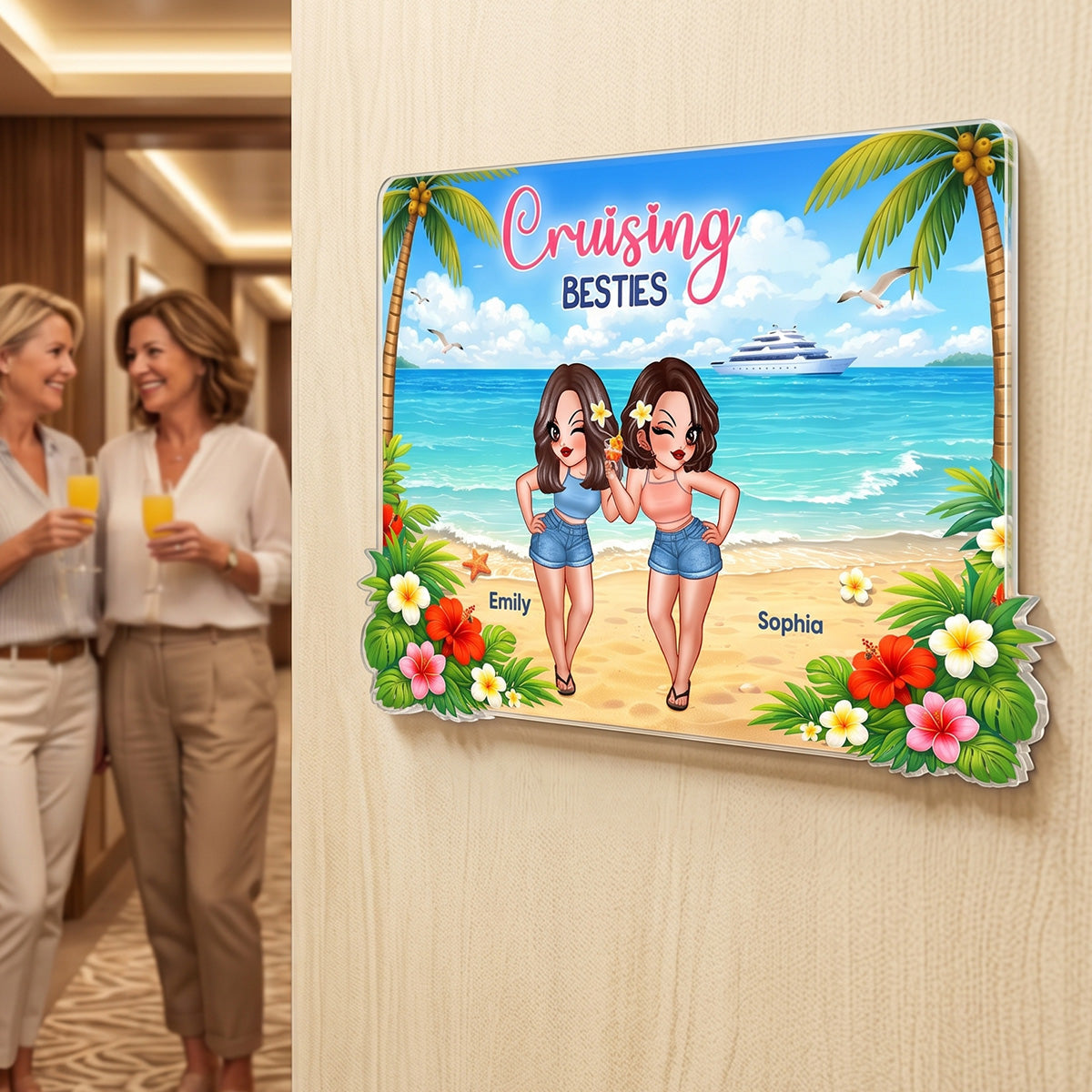 Pretty Cruise Besties On The Beach - Personalized Cruise Cabin Door Magnet - Girls Trip Cruise Trip Keepsake