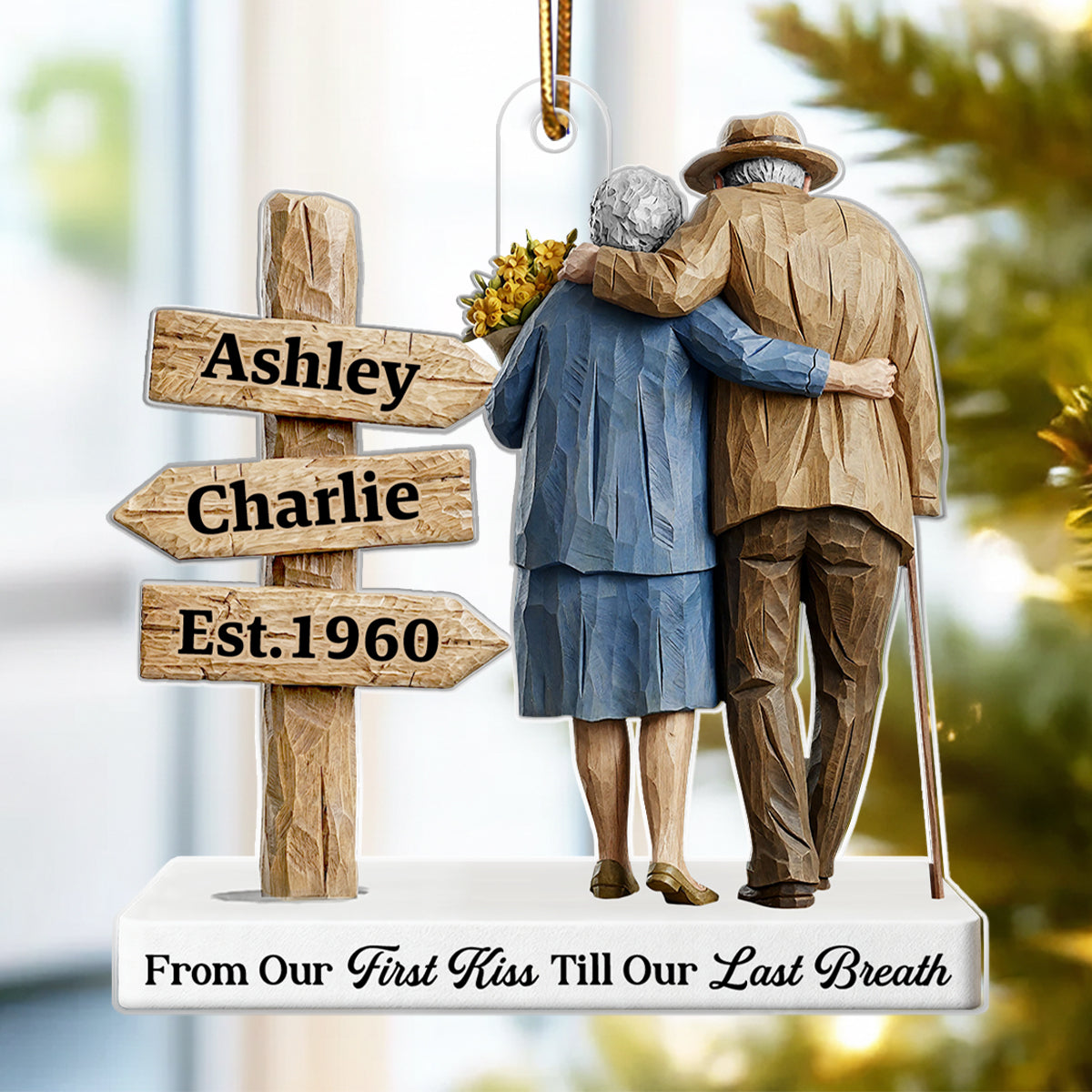 3D Effect Wooden Old Couple Sign Post - Personalized Acrylic Ornament - Heartwarming Christmas Gift For Him, For Her, For Couple