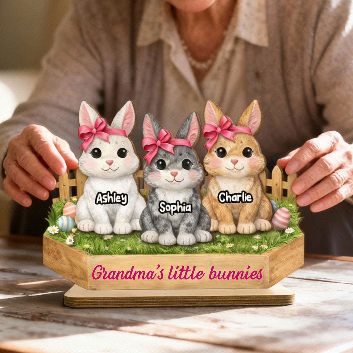 Grandma's Little Bunnies Coquette - Personalized 2-Layered Wooden Plaque - Easter Gift for Grandma, Farmhouse Tiered Tray Decor