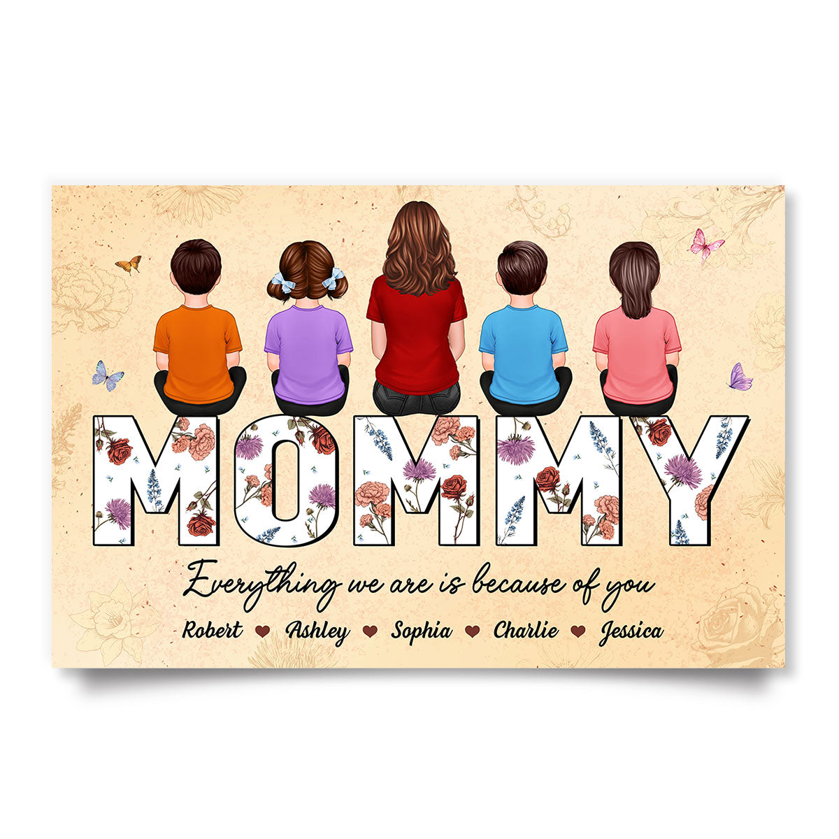 Happy Mother's Day Mommy Back View Family Sitting, Personalized Poster