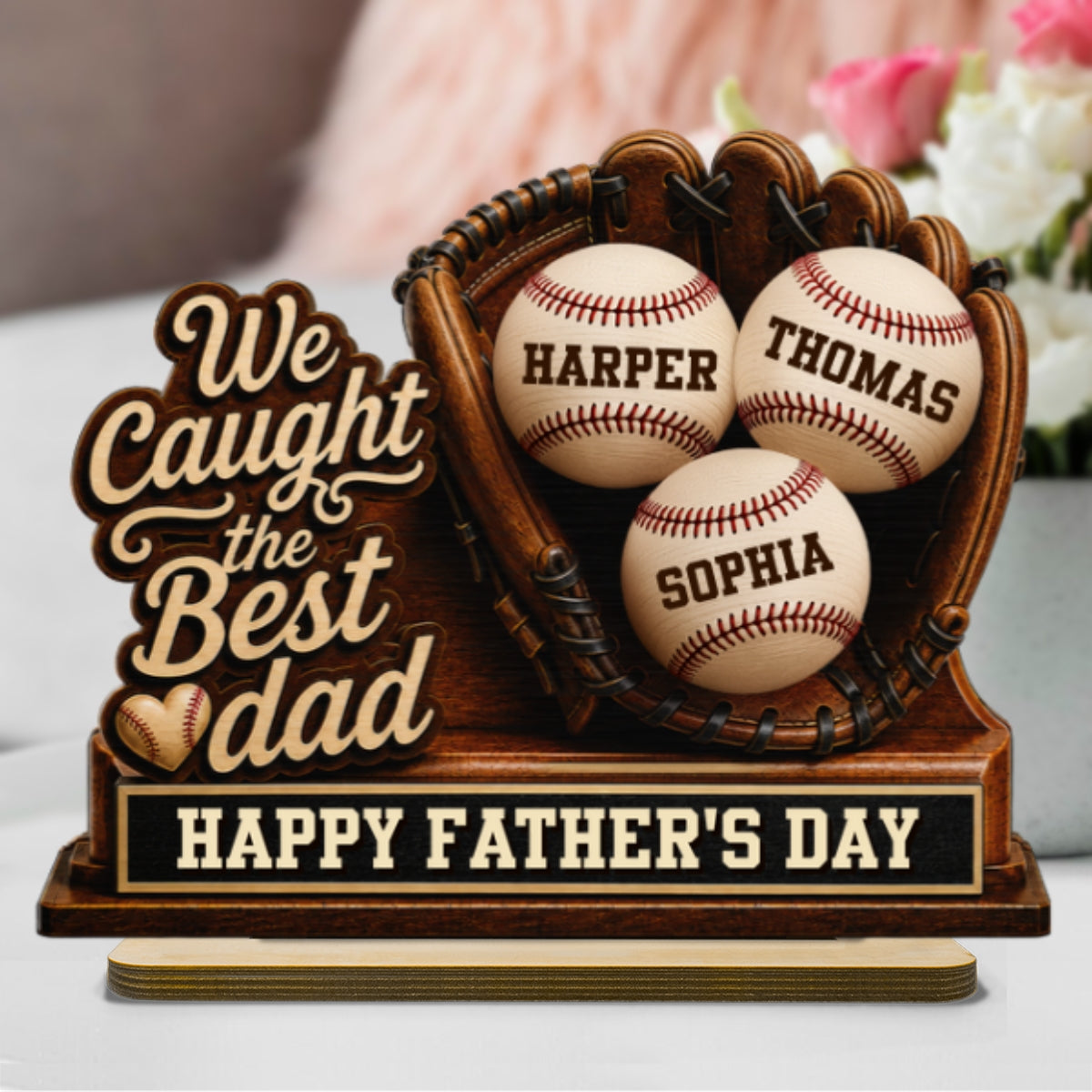 We Caught The Best Dad Baseball In Glove - Personalized 2-Layered Wooden Plaque - Happy  For Baseball Dad