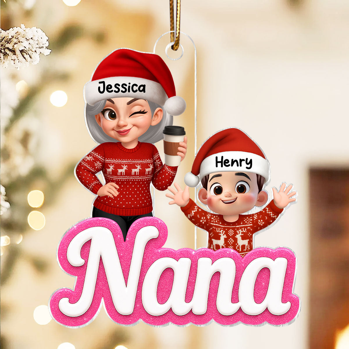 Grandma Grandkids 3D Effect Pink Color - Personalized Acrylic Ornament - Christmas Gift for Grandma