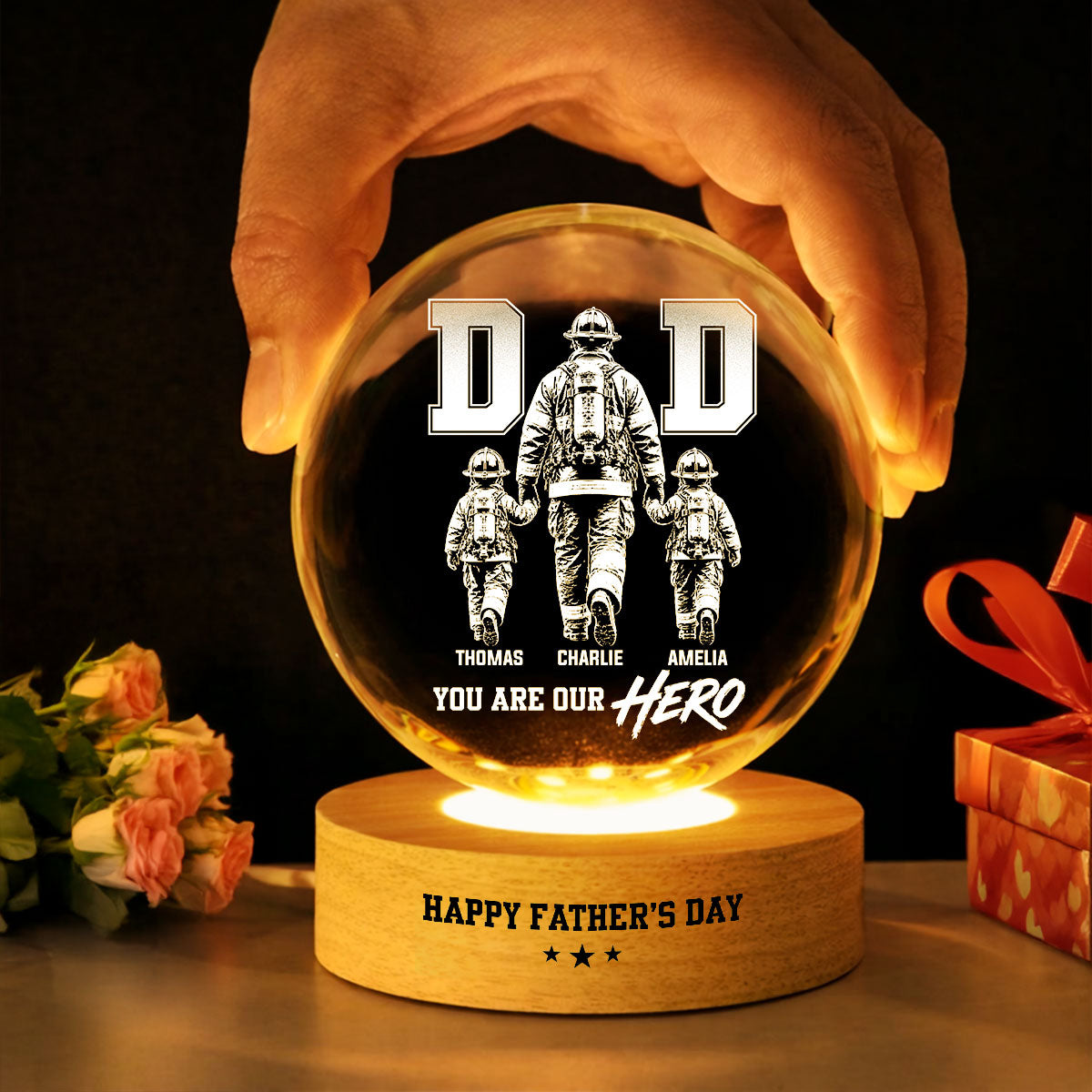 Proud Firefighter Dad You Are Our Hero - Personalized Crystal Ball LED Night Light -  Gift For Dad, Husband