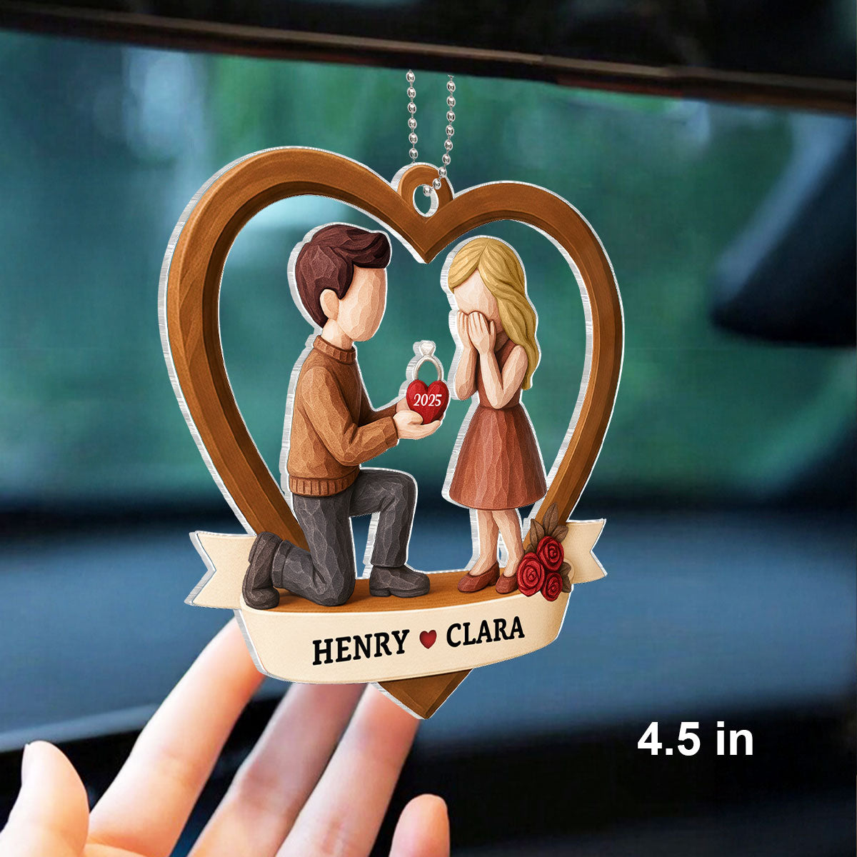 Couple Marriage Proposal 3D Wooden Effect - Personalized Acrylic Car Hanger - Newly Engaged Gift, "She Said Yes!"