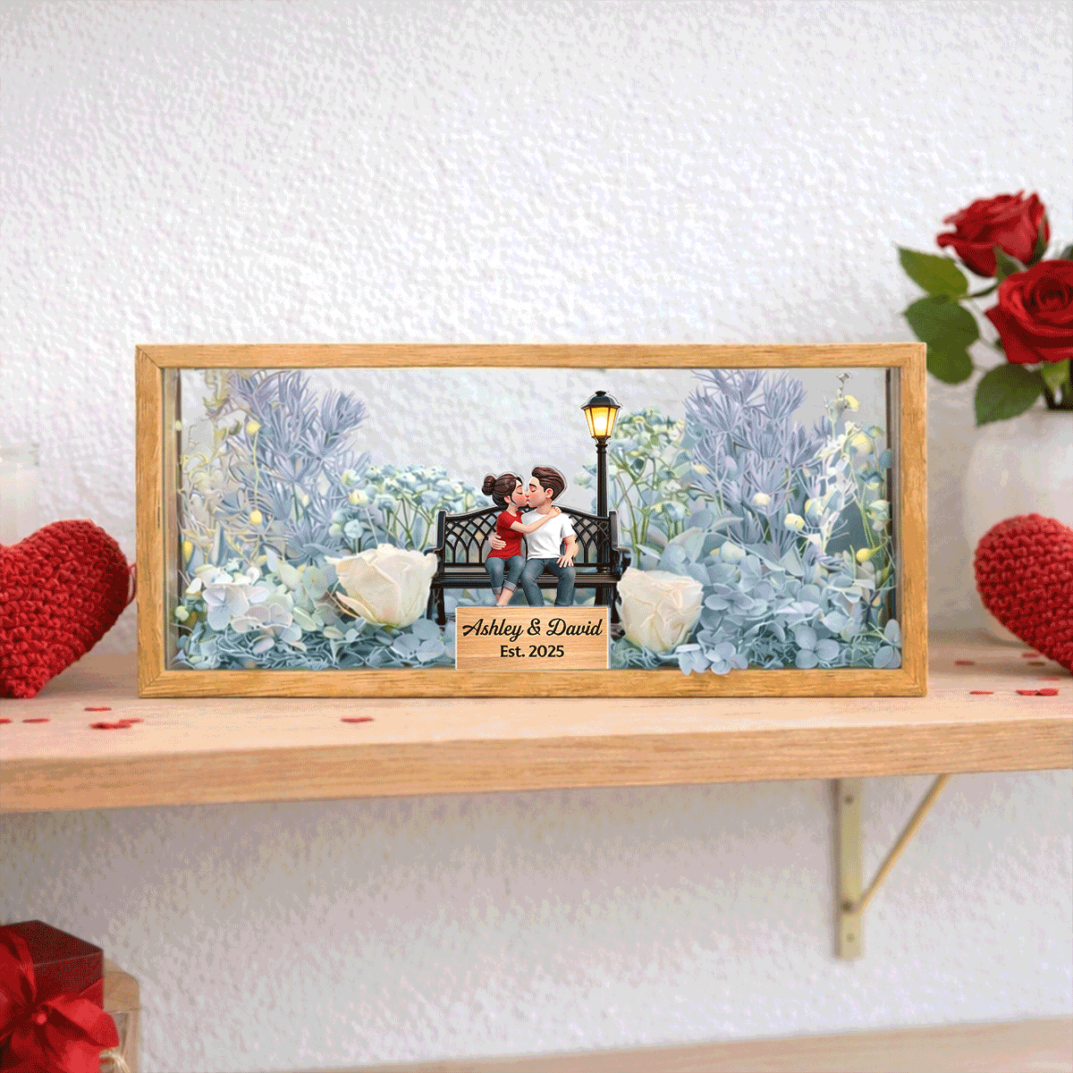 Eternal Love Couple Sitting Kissing - Personalized DIY Flower Shadow Box LED Night Light - Gift For Couple, For Him, For Her