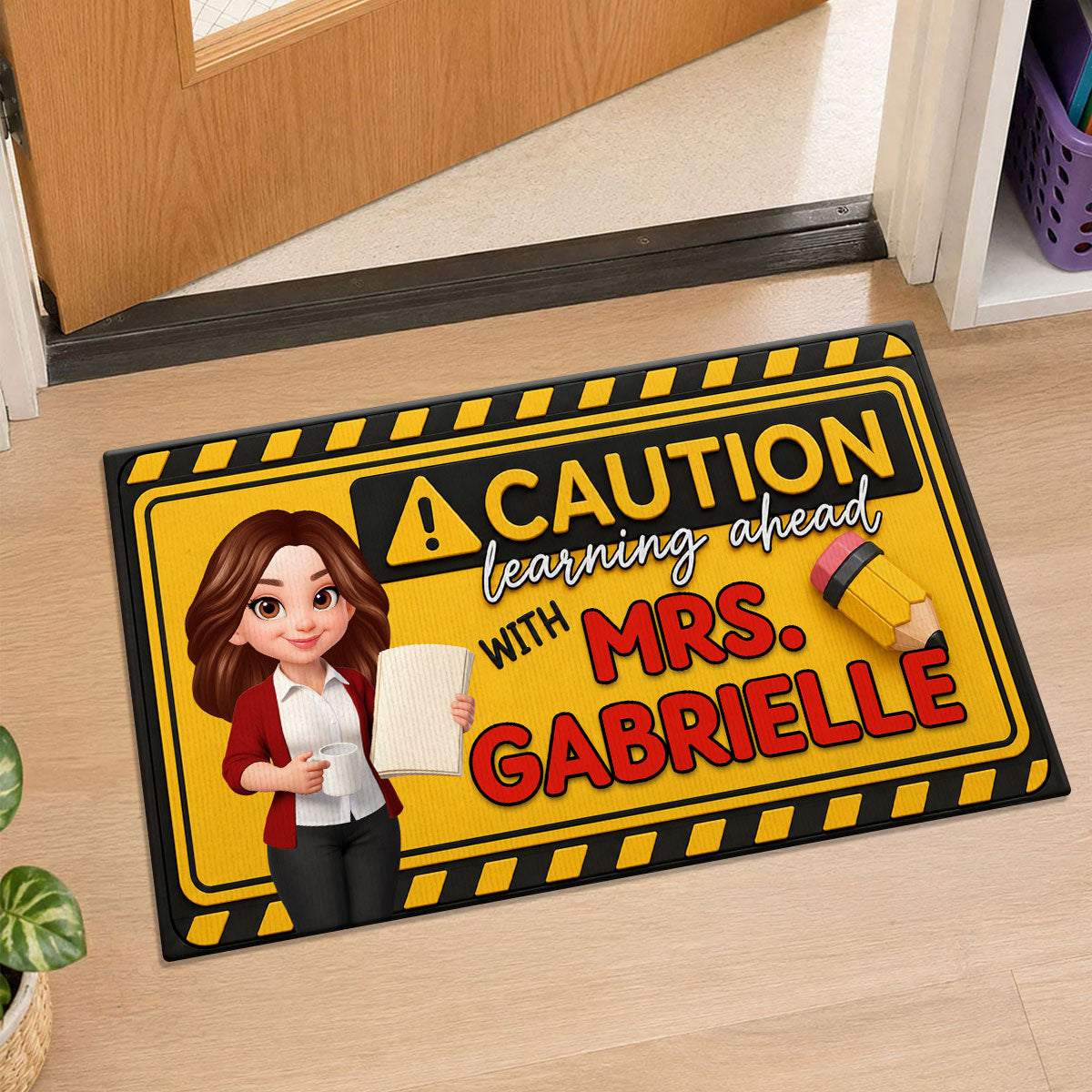 Caution Learning Ahead With Teacher - Personalized Doormat - Back To School Gift For Teachers, Classroom Decors