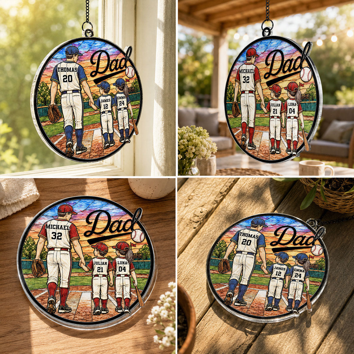 Baseball Dad & Kids 2D Flat - Personalized Suncatcher Ornament - Father's Day Gift For Baseball Dad