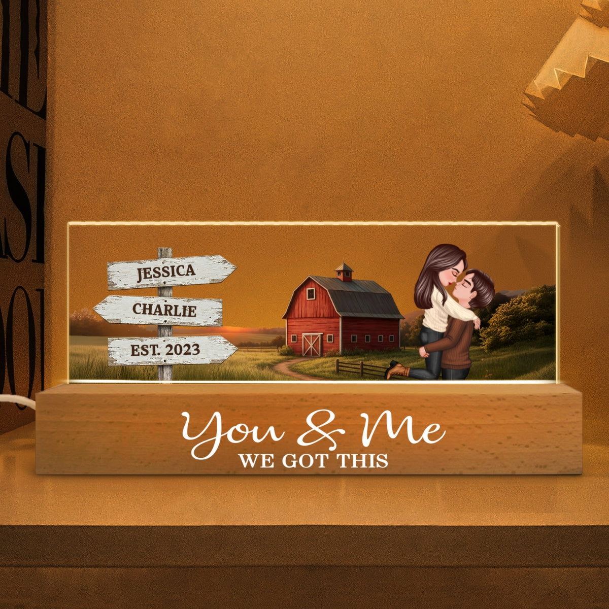 Rustic Nostalgia Red Barn House Sign Posts Couple Hugging Kissing Farmhouse Decor - Personalized Acrylic Block Plaque LED Night Light - Heartfelt Valentine, Anniversary Gift For Him, For Her