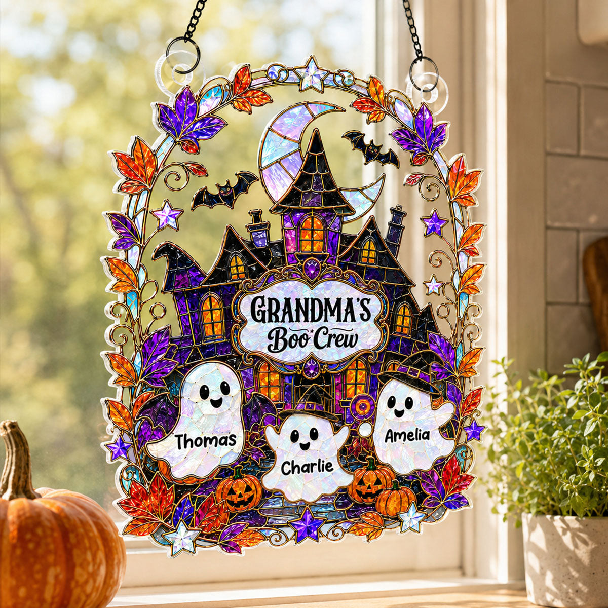 Whimsical Grandma's Boo Crew Haunted House - Personalized Acrylic Window Hanging - Halloween Decoration For Grandma