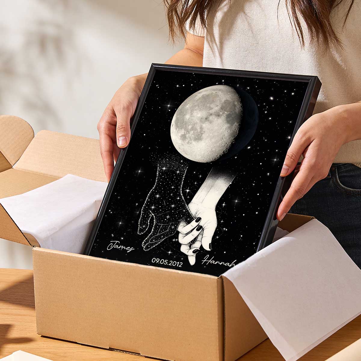 Galaxy Night Couple Holding Hands Custom Moon Phase Anniversary Date - Personalized Poster - Heartfelt Anniversary Gift, Valentine Gift, Wedding Gift For Couple