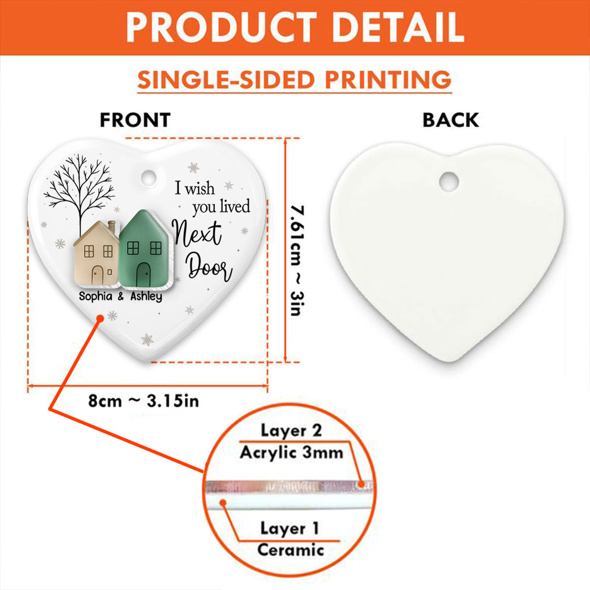 I Wish You Lived Next Door 3D Effect Sea Glass - Personalized Ceramic Ornament With Acrylic - Christmas Gift for Best Friends