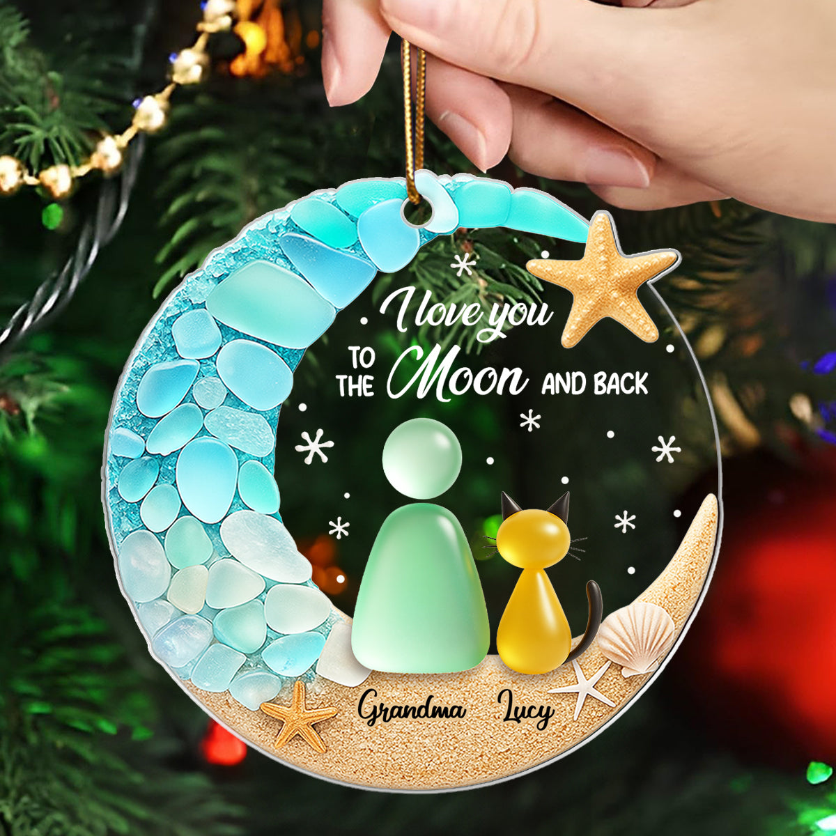 Cat And Owner On The Moon Sea Glass - Personalized Acrylic Ornament - Christmas Gift For Cat Lovers