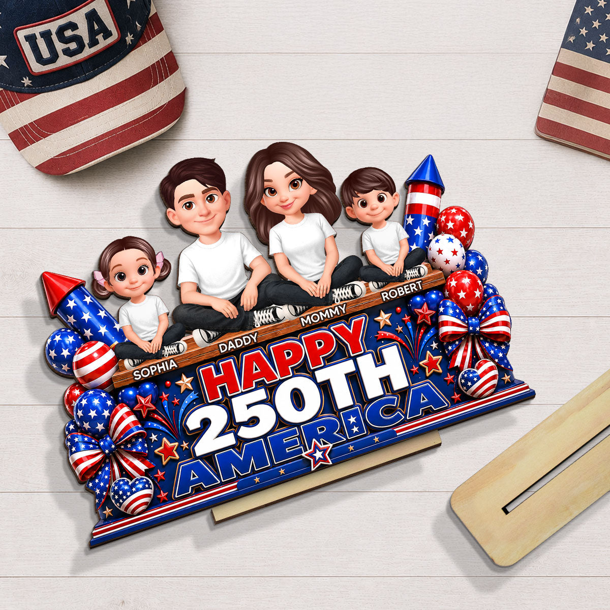 Proud Patriotic Family Happy 250th America Anniversary - Personalized 2-Layered Wooden Plaque - Gift For Family, 4th of July Decoration