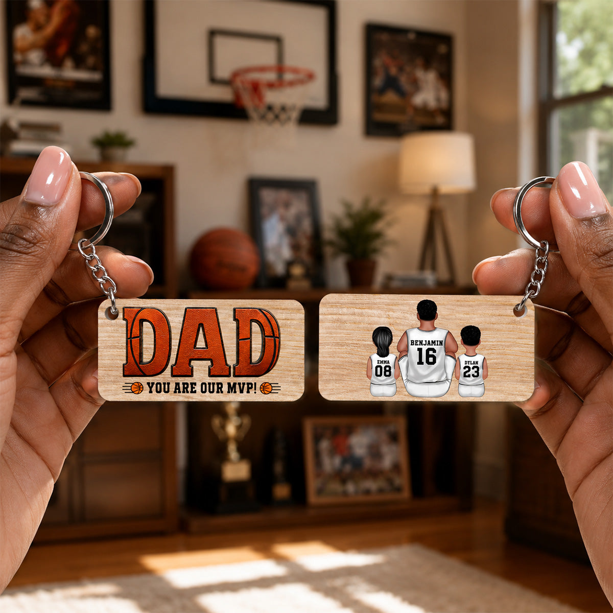 Dad You Are Our MVP Sitting Basketball Man & Kids - Personalized Wooden Keychain - Father's Day Gift For Basketball Dad