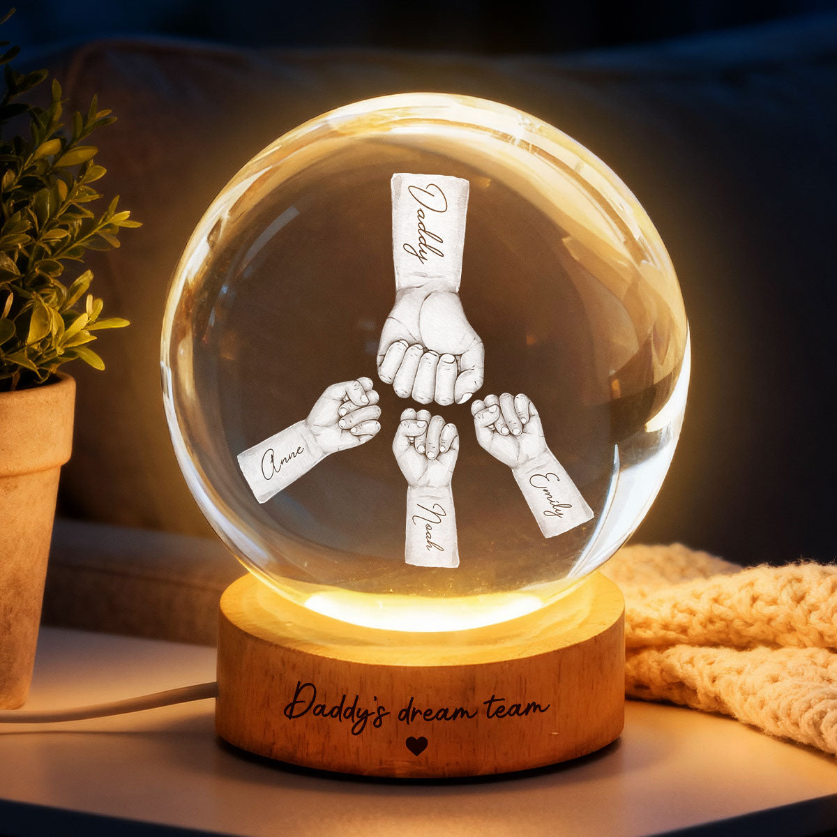 Daddy's Dream Team - Personalized Crystal Ball LED Night Light -  Gift for Dad, Husband