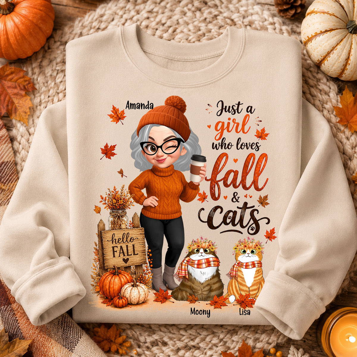 Just a Girl Who Loves Fall & Cats - Personalized Shirt - Cozy Fall Shirt for Cat Moms