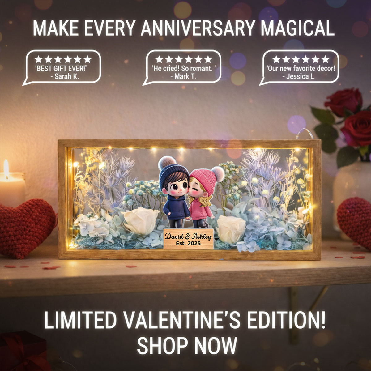 Eternal Love Cute Cartoon Chibi Couple Couple - Personalized DIY Flower Shadow Box LED Night Light - Gift For Couple, For Him, For Her