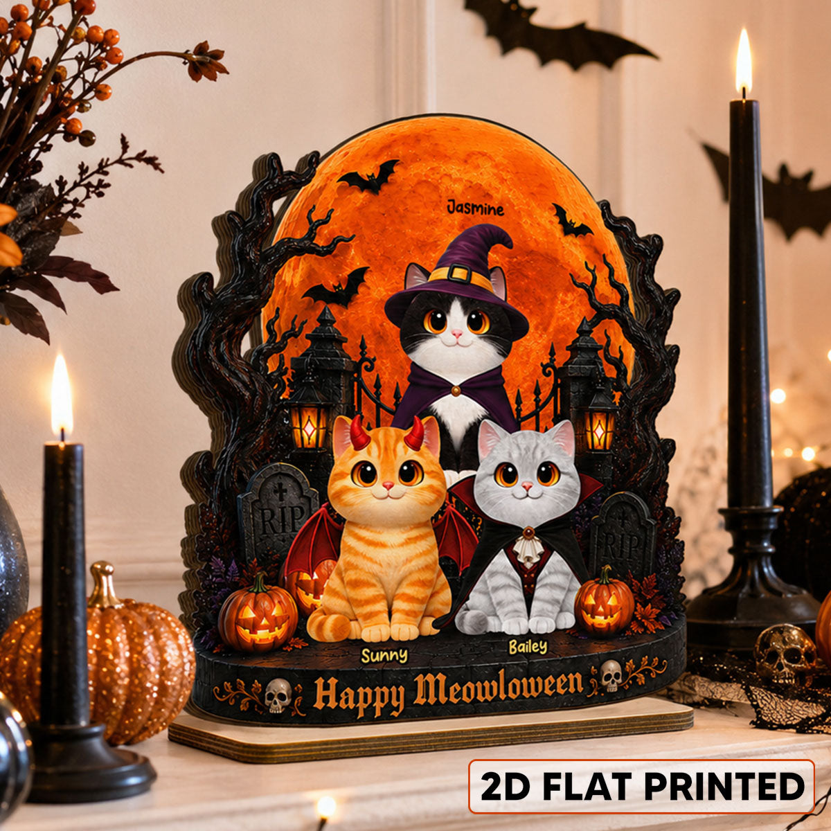 Spooky Halloween Cats Under Moonlight - Personalized 2-Layered Wooden Plaque - Halloween Decor For Cat Lovers