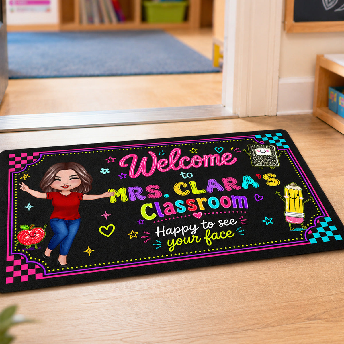 Happy To See Your Face Happy Teacher Preppy Neon Theme - Personalized Doormat - Classroom Students Welcome Decor