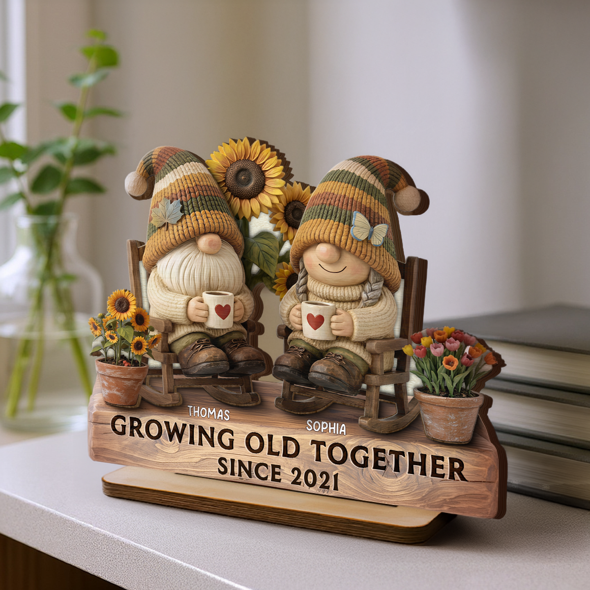 3D Effect Gnome Couple Grow Old Together - Personalized 2-Layered Wooden Plaque - Perfect Valentine's Day Gift For Him, Gift For Her