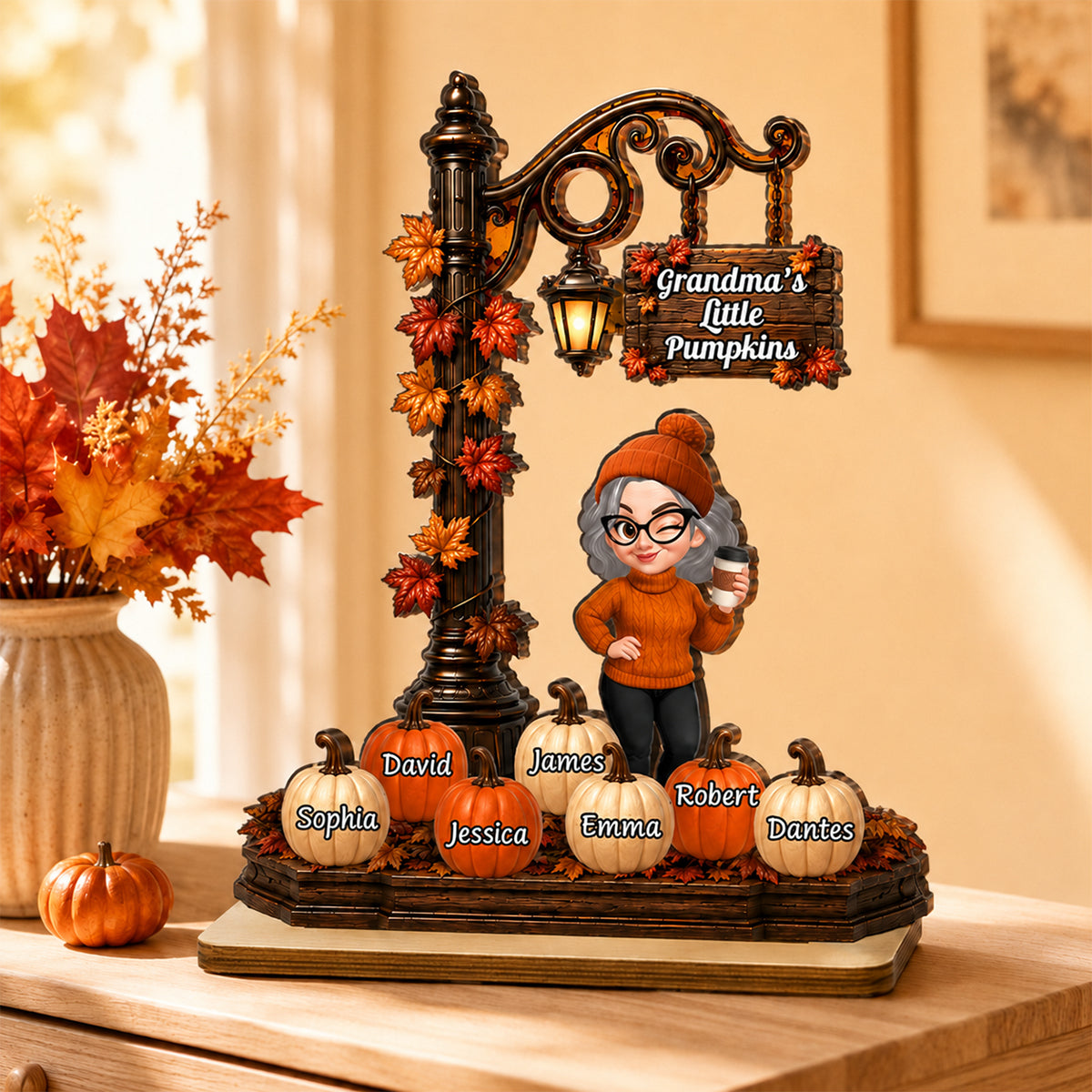 Grandma's Little Pumpkins Lamp Post - Personalized 2-Layered Wooden Plaque - Fall Season Decor Gift, Gift For Grandma