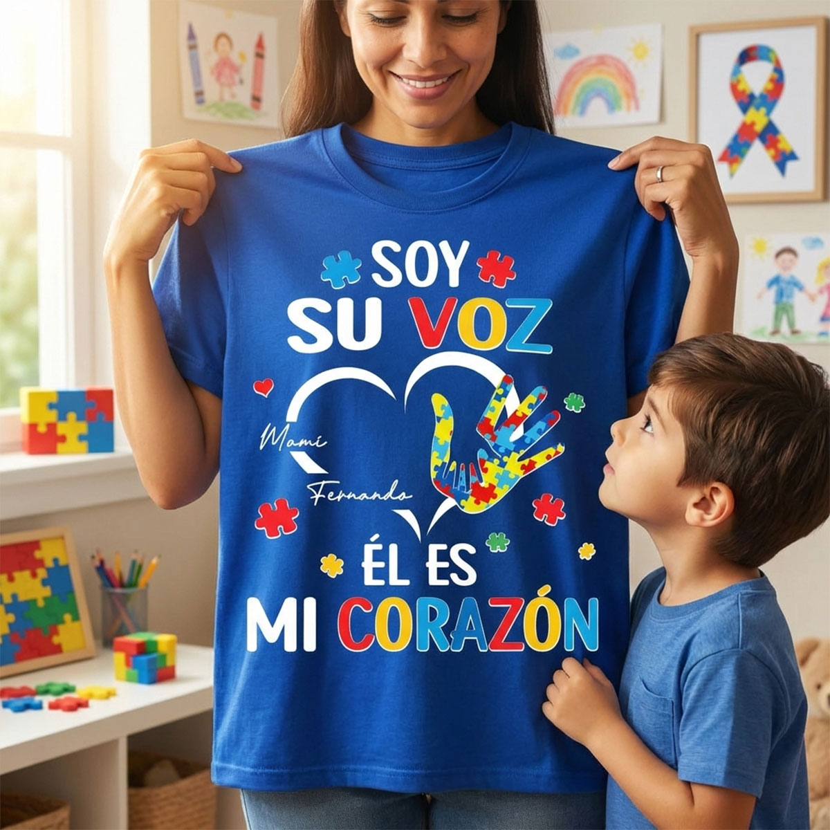 Soy Su Voz Él Es Mi Corazón I'm His Voice He's My Heart - Personalized Shirt - Spanish Ver Autism Awareness