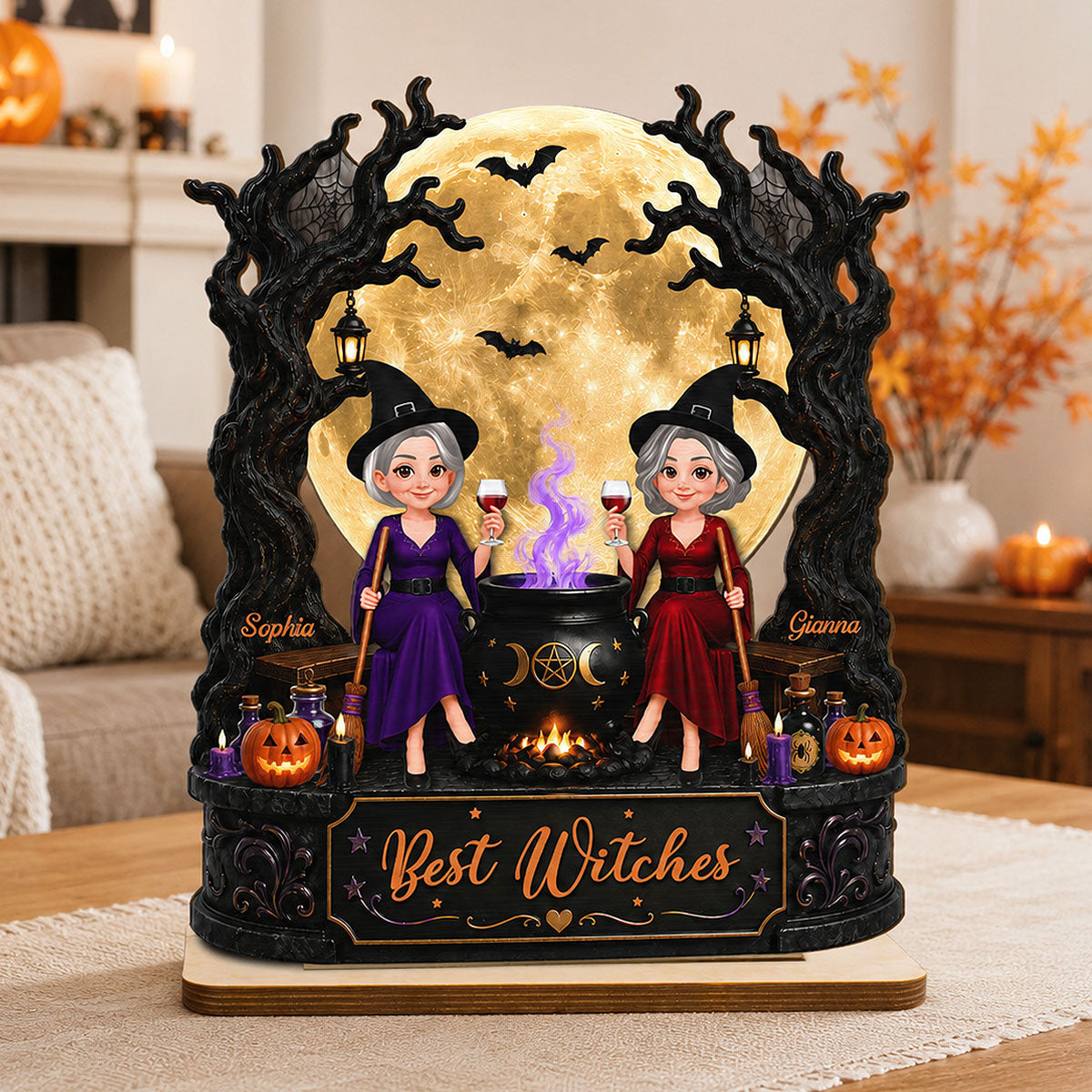 Best Witches In Moonlight 2D Flat - Personalized Wooden Plaque - Halloween Decoration