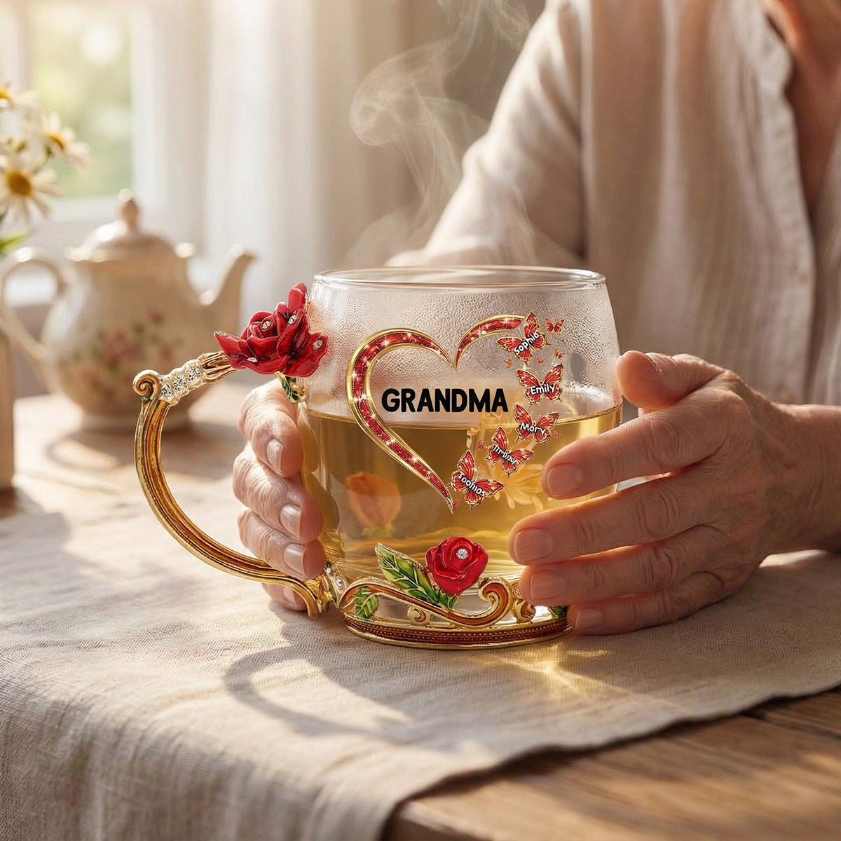 Grandma Butterflies Heart Custom Kids Names - Personalized Enamel Flower Tea Cup - Gift For Grandma, Mom