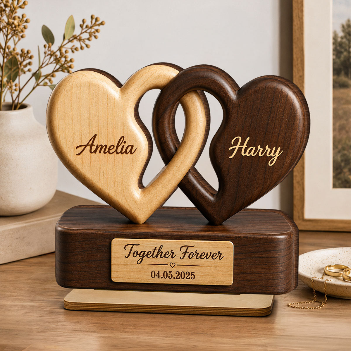 Interlocking Hearts Romantic Couple Anniversary - Personalized 2-Layered Wooden Plaque - Anniversary Gift, Gift For Couple