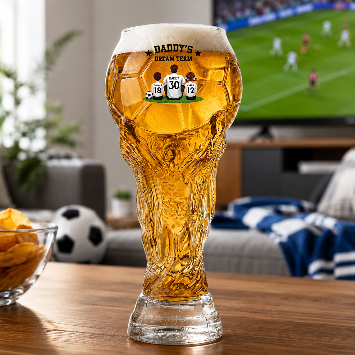 Daddy's Dream Team World Cup 2026 Football - Personalized Trophy Beer Glass - Match Day Beer Glass, Birthday Gift for Him, Gift for Dad