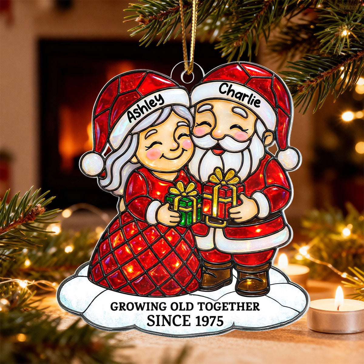 Couple Growing Old Together Stained Glass Pattern - Personalized Acrylic Ornament - Heartwarming Christmas Gift For Him, For Her, For Couple