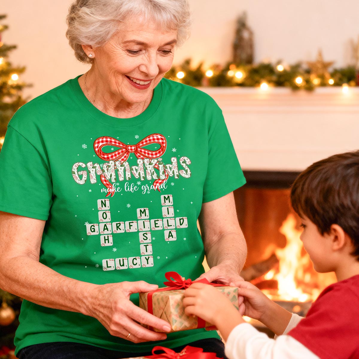 Grandkids Make Life Grand Coquette Floral Christmas Pattern Crossword Puzzle Art - Personalized Shirt