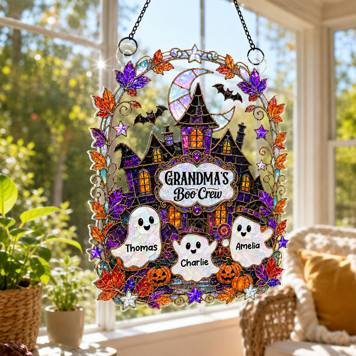 Whimsical Grandma's Boo Crew Haunted House - Personalized Acrylic Window Hanging - Halloween Decoration For Grandma