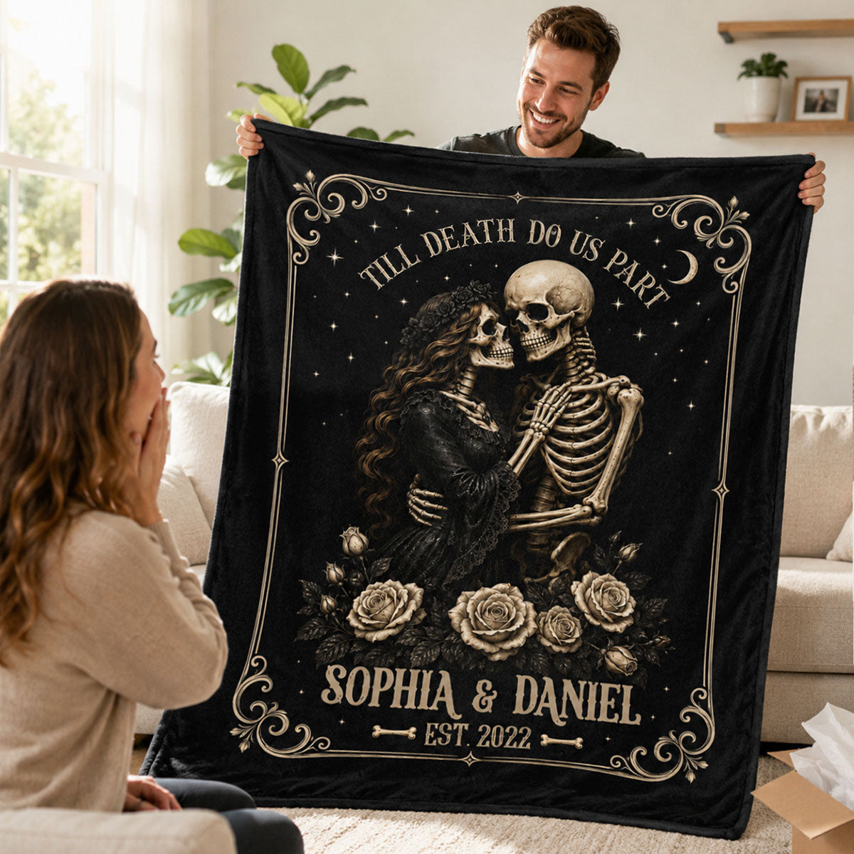 Skeleton Couple Till Death Do Us Part - Personalized Fleece Blanket - Spooky Goth Couple Halloween Gift