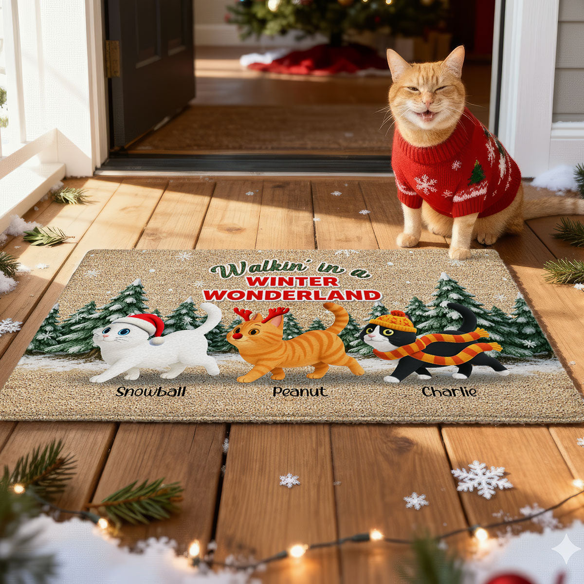 Cats Walking In A Winter Wonderland - Personalized Doormat - Gift For Cat Lovers