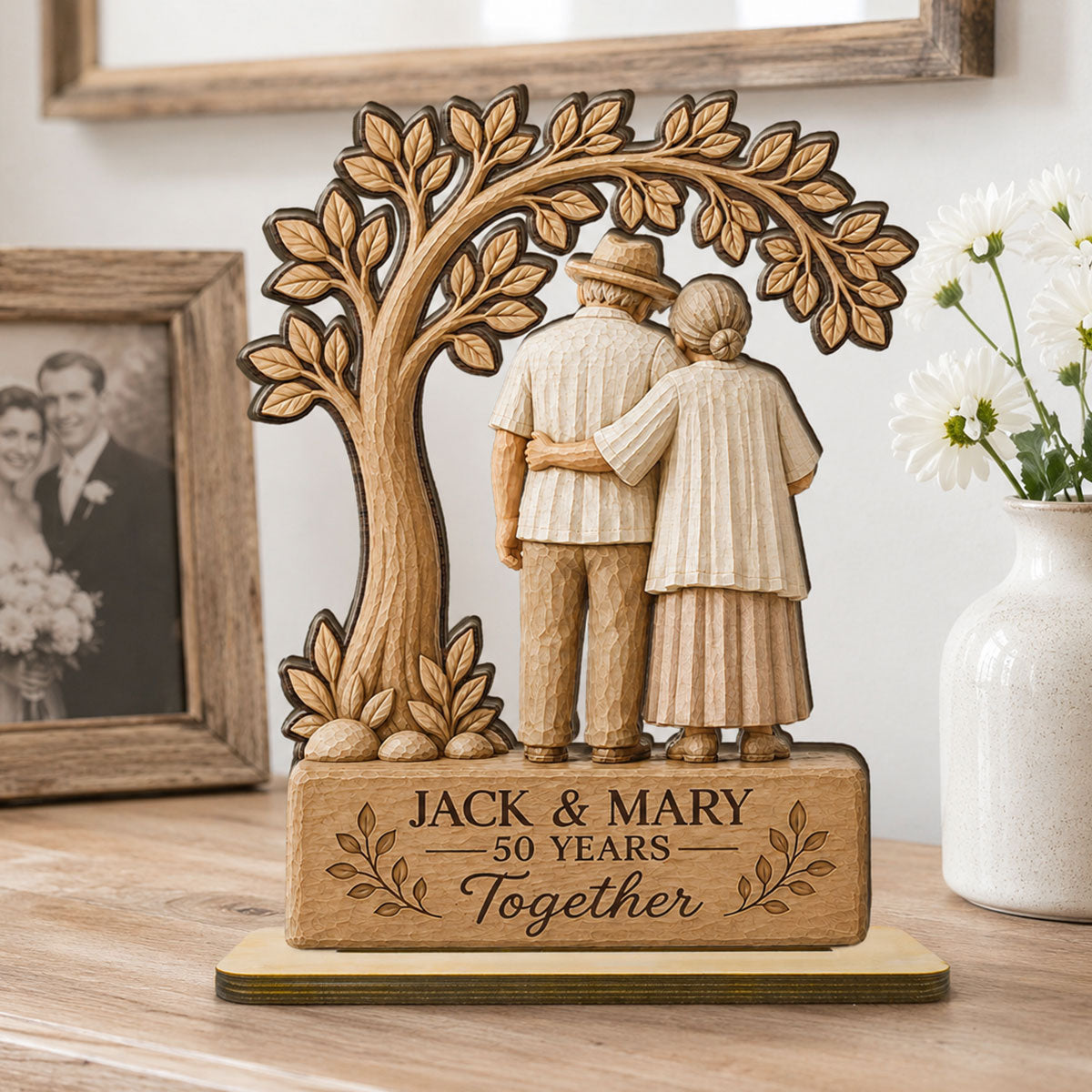 Rustic Old Couple Walking Anniversary Gift - Personalized 2-Layered Wooden Plaque - Wedding Year Decor
