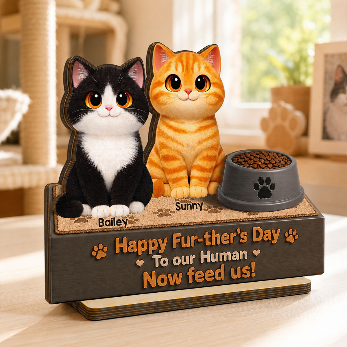 Cute Fluffy Cats Happy Fur-ther's Day Human - Personalized 2-Layered Wooden Plaque - Funny  Gift For Cat Dad, Cat Lovers